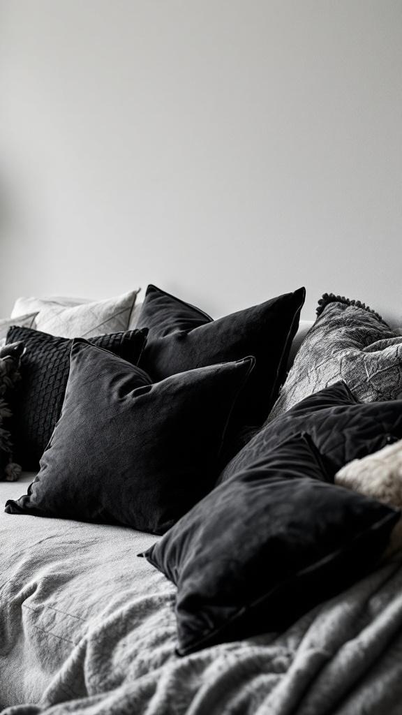 A collection of black decorative pillows on a couch.