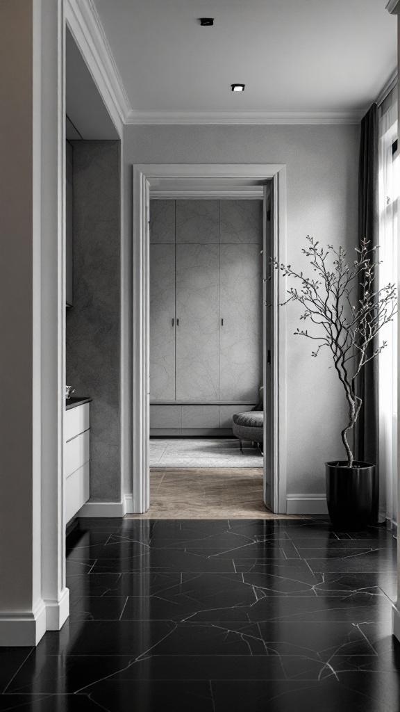A stylish hallway featuring black flooring and minimalist decor.