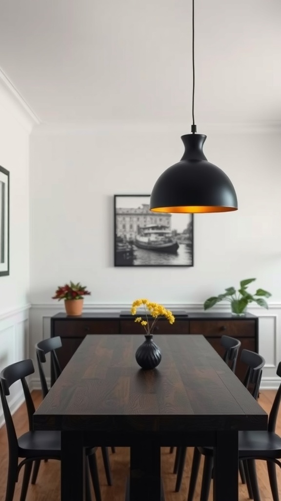 A modern black pendant light hanging over a dining table in a chic apartment.