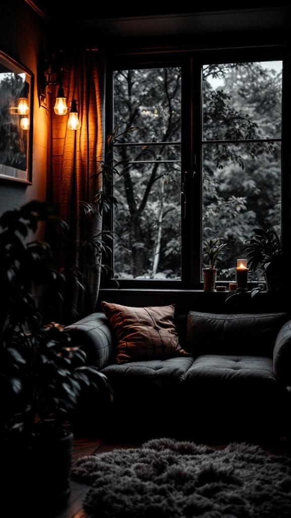 A cozy living space with black lighting, plants, and a comfortable couch.