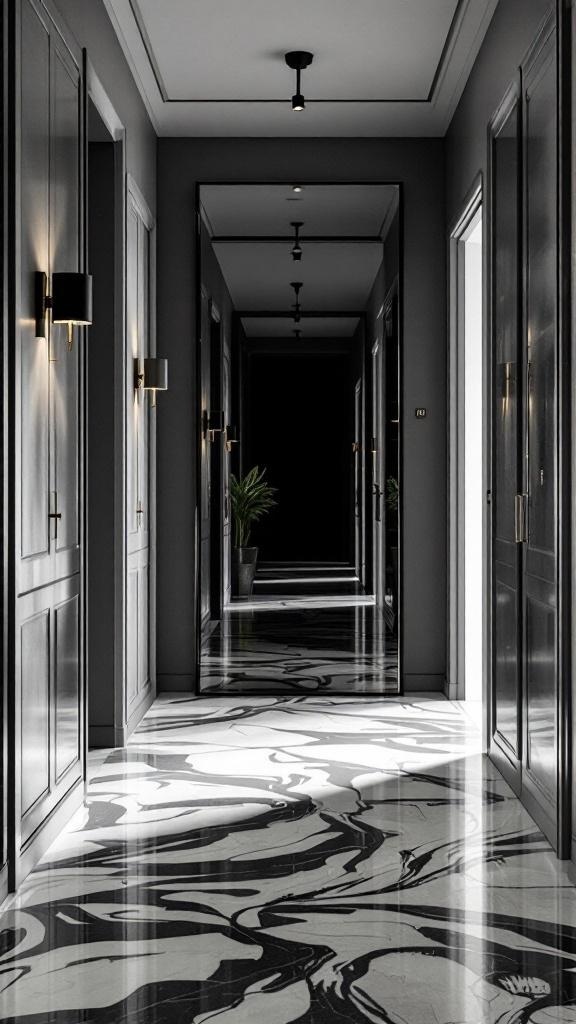 A hallway featuring black mirrors and stylish decor.