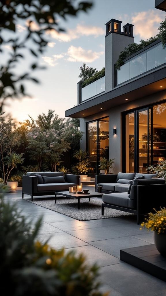 Stylish black outdoor furniture set on a patio surrounded by greenery.