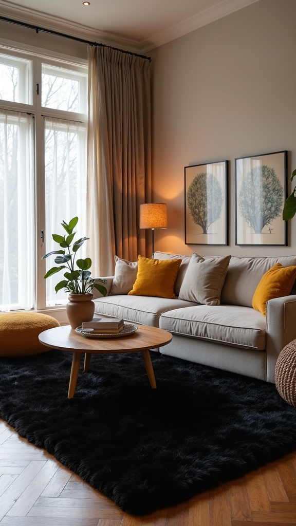 Cozy living room with a black rug, beige sofa, and yellow accents.