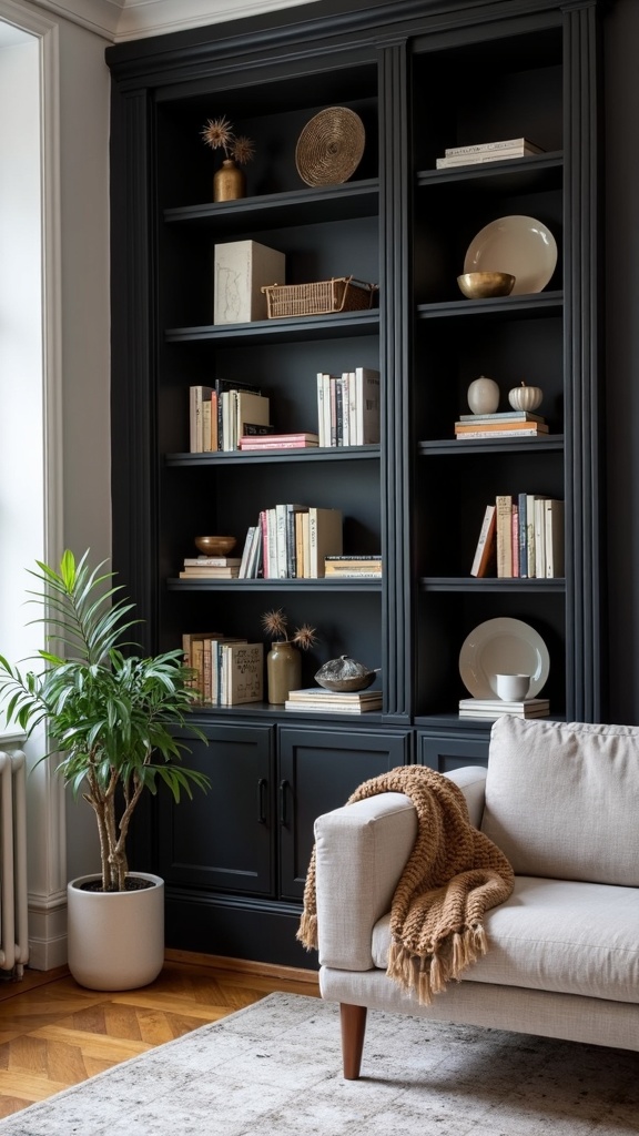 Stylish black shelving unit with books and decorative items in a chic apartment.