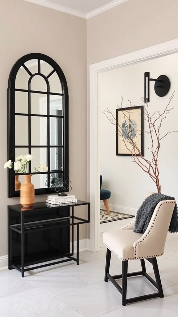 A stylish black statement mirror above a modern console table with a vase and decorative items.