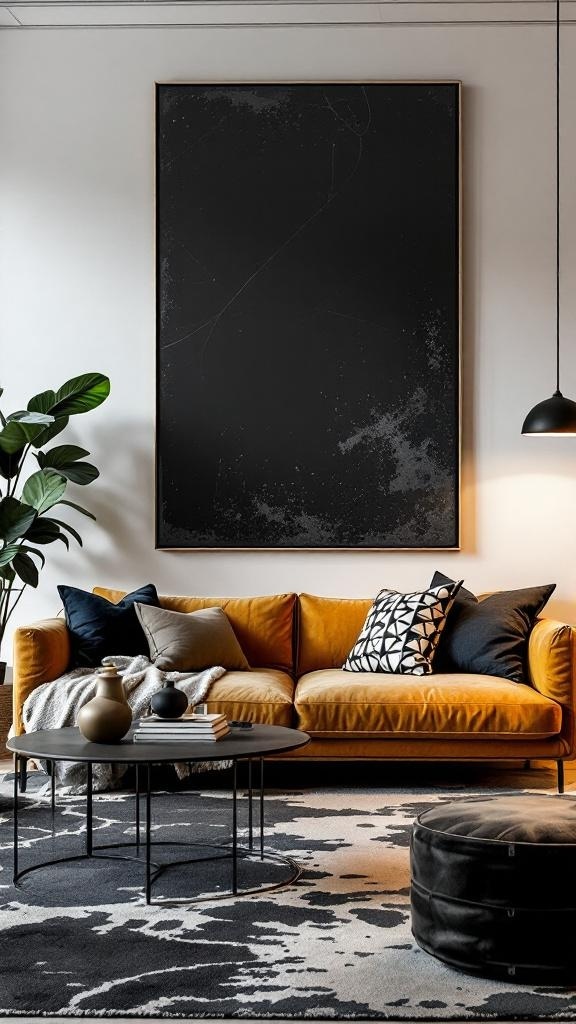 A stylish living room featuring a large black wall art piece above a yellow couch with decorative pillows.