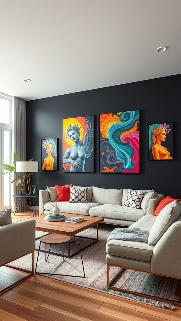 Living room with black walls and colorful artwork