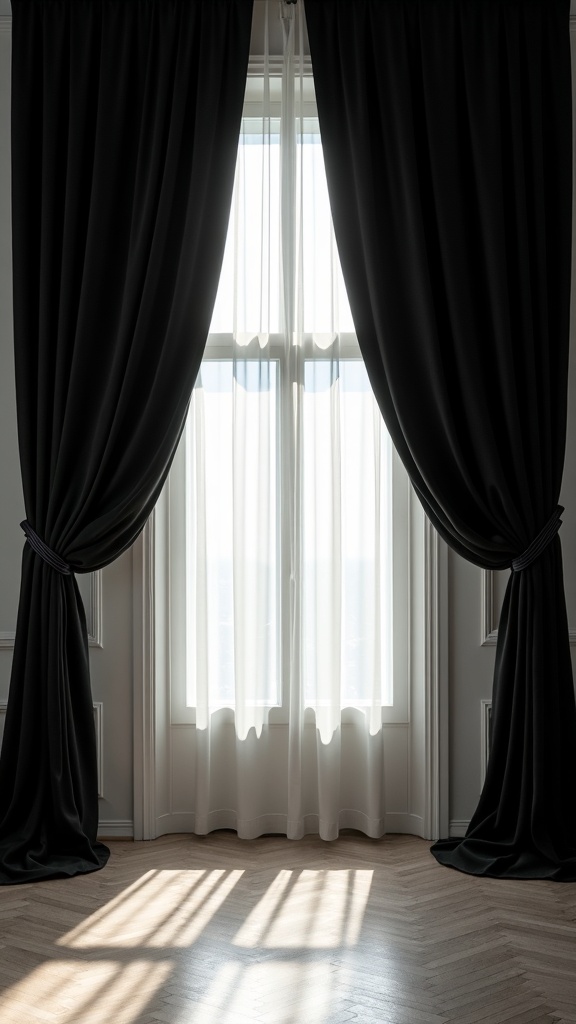Elegant black window treatments with sheer curtains framing a bright window.