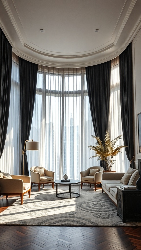 A stylish living room with black window treatments, showcasing elegant furniture and a warm atmosphere.