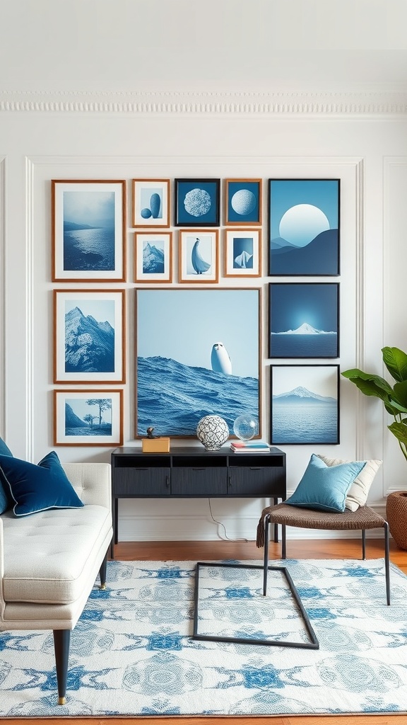 A stylish blue-themed gallery wall featuring various blue artworks and photographs.