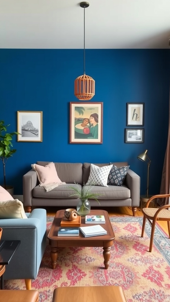 A cozy living room featuring a bold blue accent wall, stylish furniture, and decorative art.