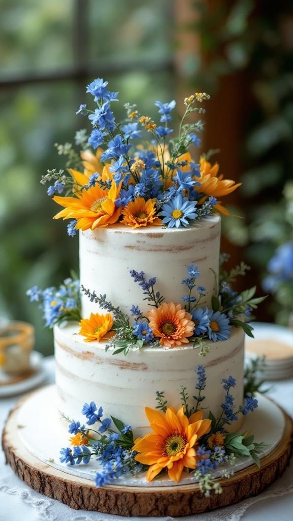 A two-tier wedding cake decorated with blue and orange wildflowers.