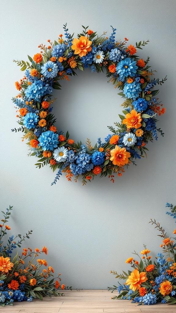 A beautiful floral wreath featuring blue and orange wildflowers.