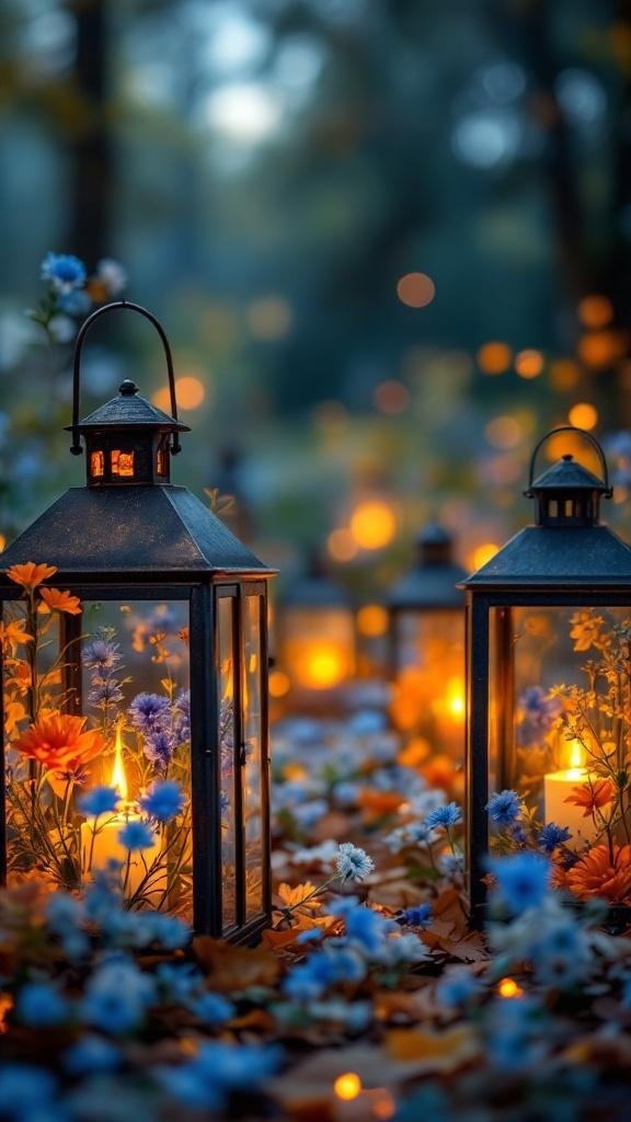 Blue and orange lanterns surrounded by wildflowers at a wedding centerpiece.