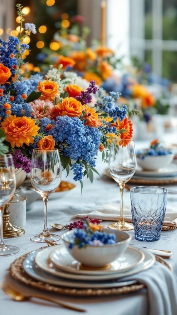 A beautifully set table featuring blue and orange wildflower centerpieces, elegant glassware, and stylish tableware.