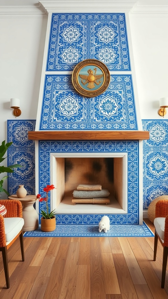 A blue and white tiled fireplace with a wooden mantel, surrounded by plants and cozy seating.