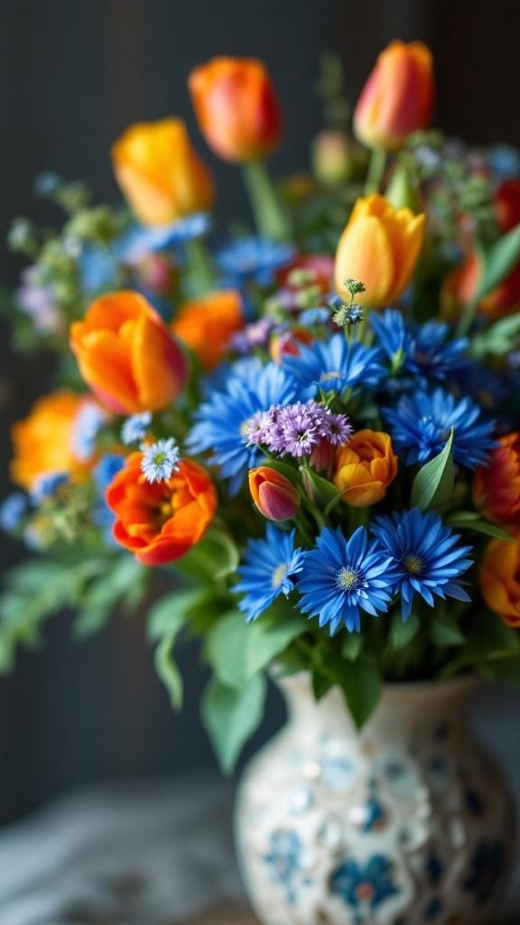 A bouquet featuring blue cornflowers and orange tulips in a decorative vase.