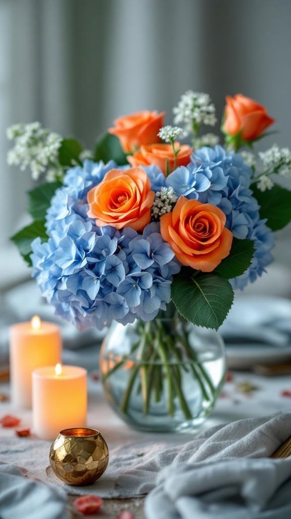A floral centerpiece featuring blue hydrangeas and orange roses, with candles and decorative elements.