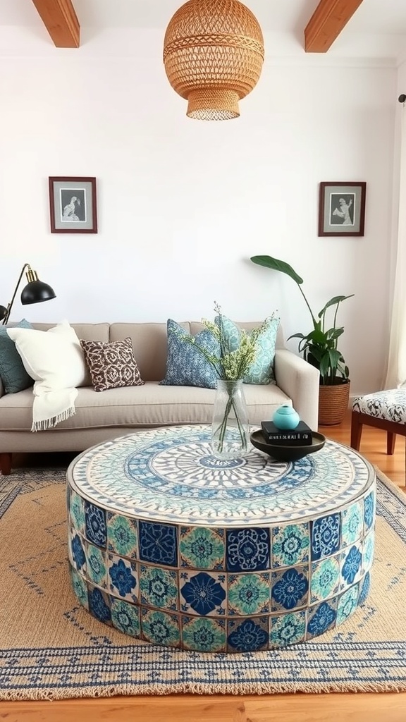 A cozy living room featuring a blue mosaic coffee table surrounded by decorative pillows and plants.