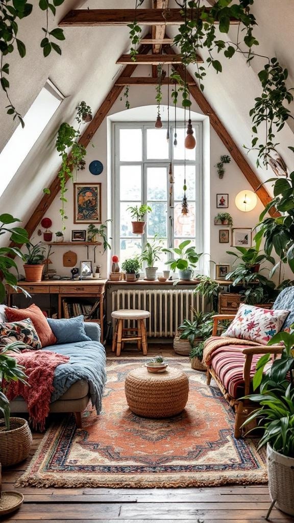 A cozy bohemian attic room filled with colorful decor, plants, and comfortable seating.