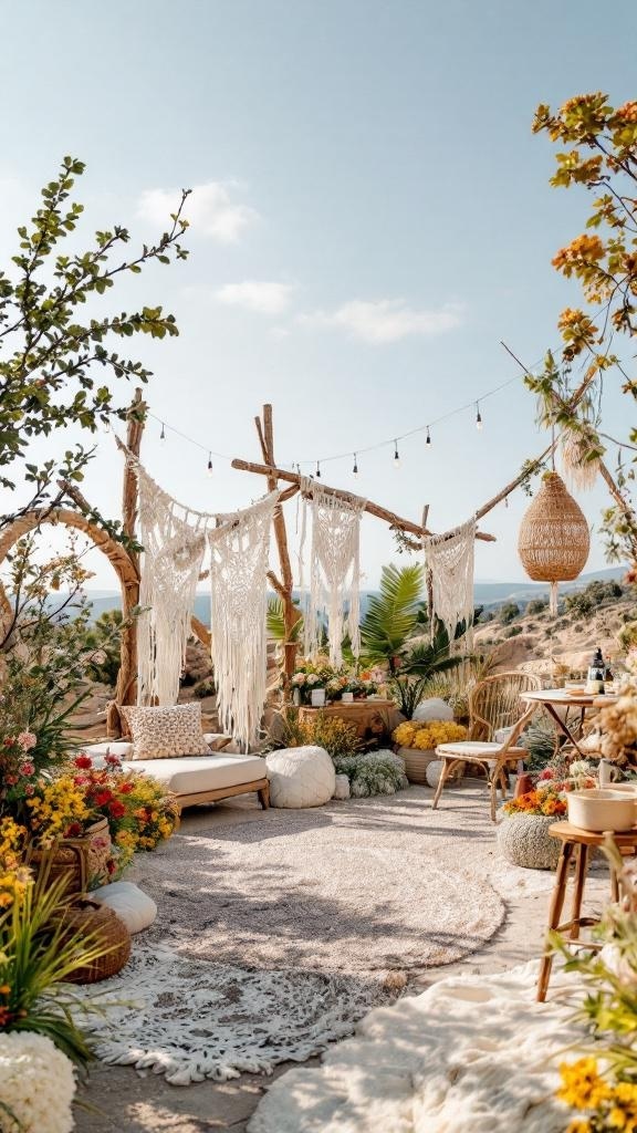A cozy bohemian wedding setup with earthy tones, featuring floral arrangements and comfortable seating.