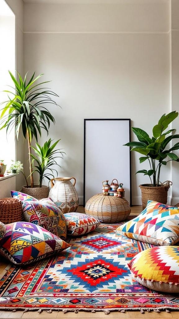 A cozy living room with colorful bohemian floor cushions and plants.