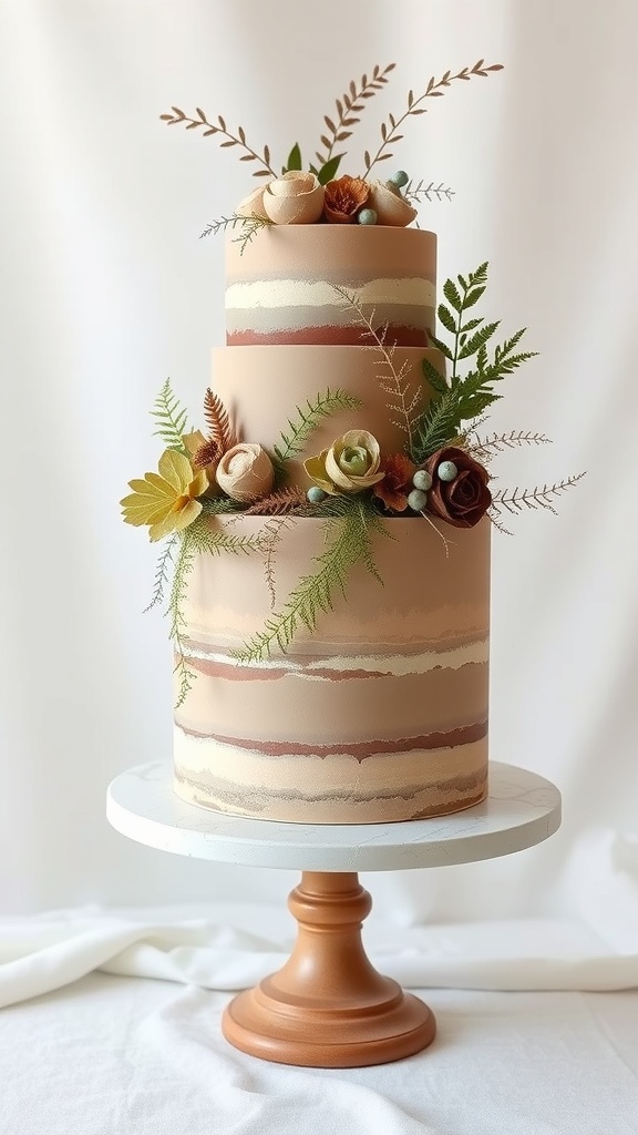 A three-tiered wedding cake in khaki with dried flowers and ferns.