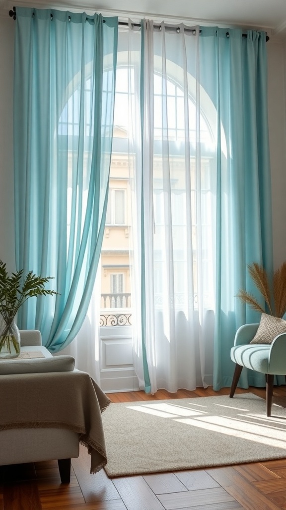 A bright living room with flowing blue boho curtains and light furniture.