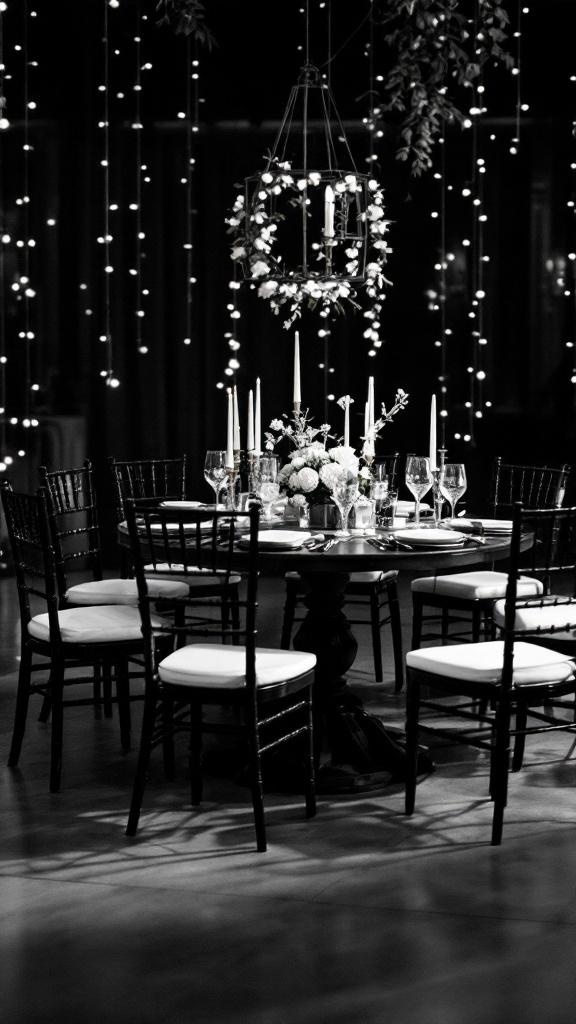 A wedding reception table featuring bold black chairs with white cushions, elegantly set with candles and floral arrangements.
