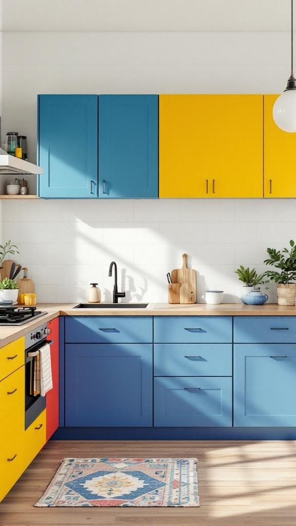 A kitchen with blue and yellow cabinets, showcasing a vibrant and modern design.