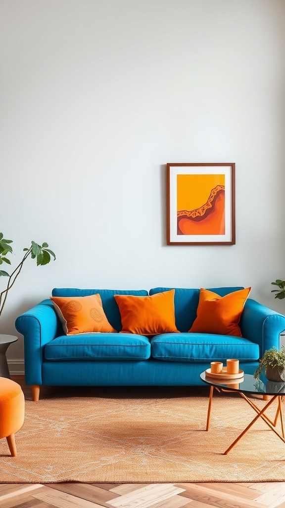 A vibrant blue sofa with orange pillows in a stylish living room.