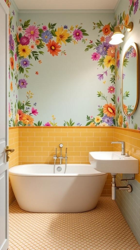 A bathroom featuring bold floral wallpaper with colorful flowers, a white bathtub, and yellow tiles.