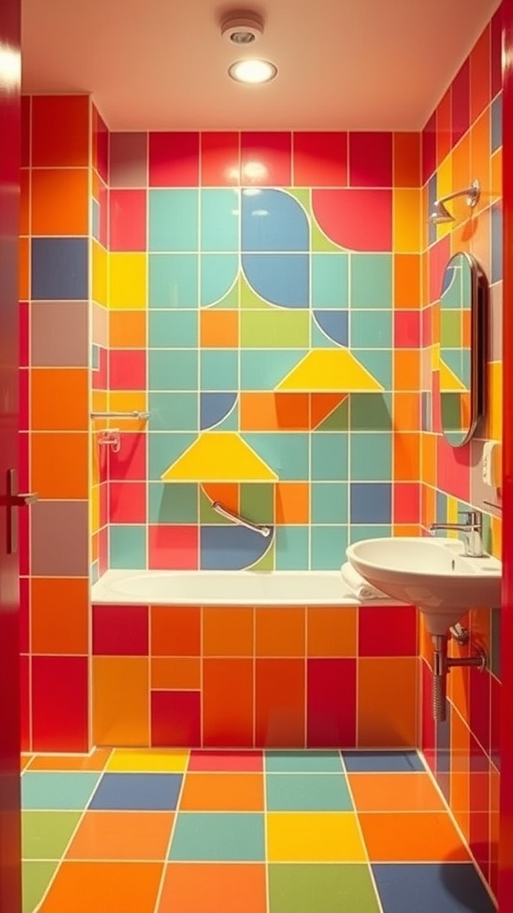 A vibrant 70s style bathroom featuring bold geometric tiles in various colors.