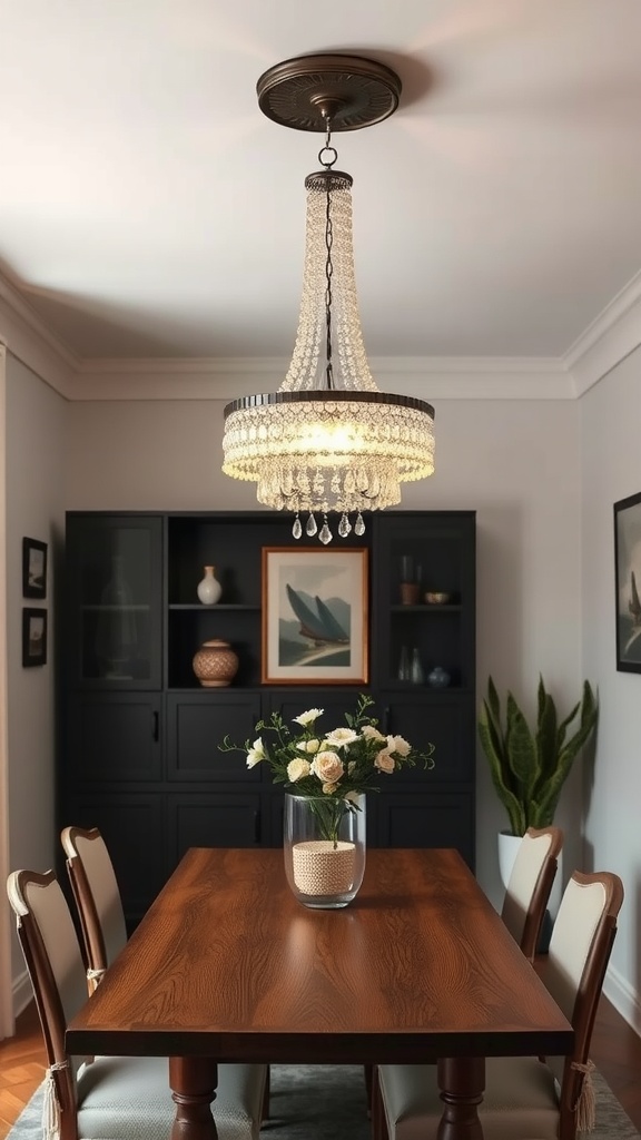 A stylish chandelier hangs above a wooden dining table in a cozy dining room setting.
