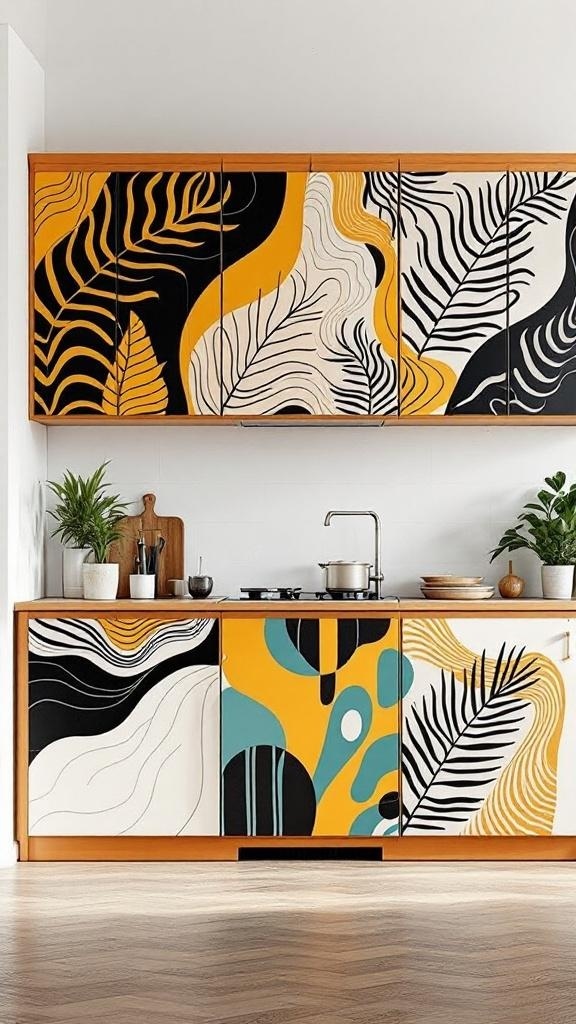 Colorful kitchen cabinet doors with bold patterns and designs.