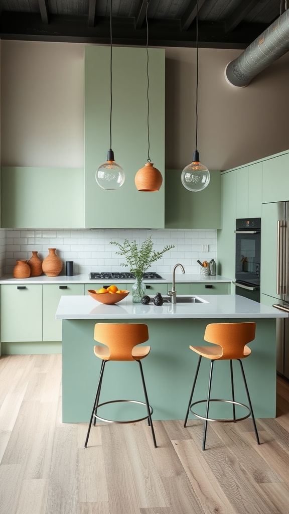 Sage green kitchen island with orange stools and modern decor.