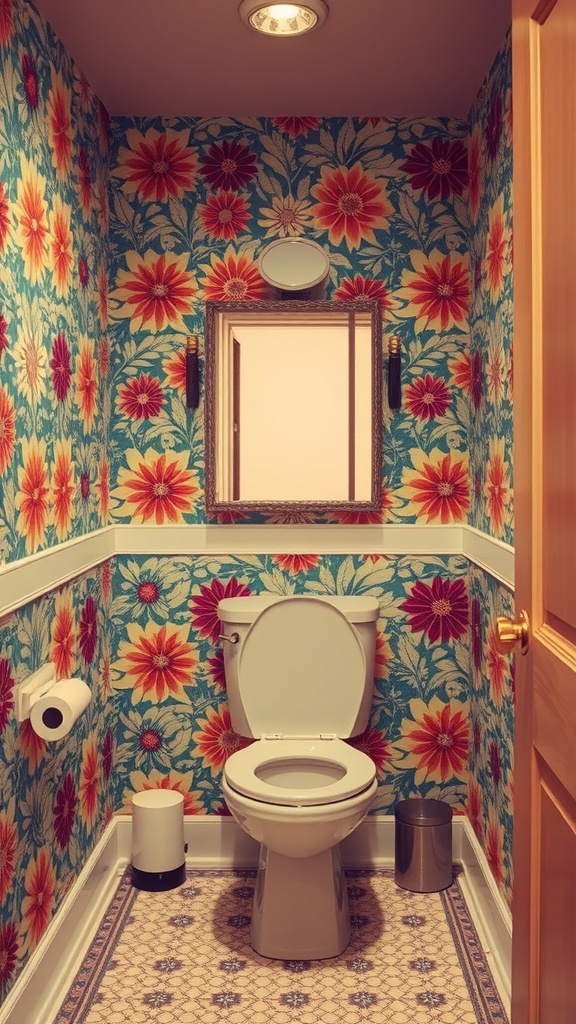 A small bathroom with bold floral wallpaper featuring large flowers in vibrant colors.