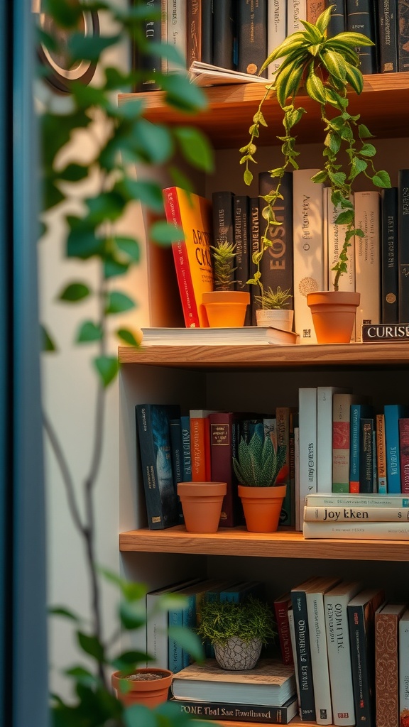 Bookshelf decorated with books and potted plants.