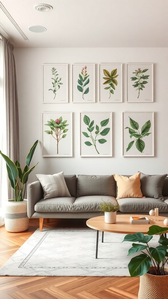 A cozy living room featuring botanical art on the wall and potted plants.