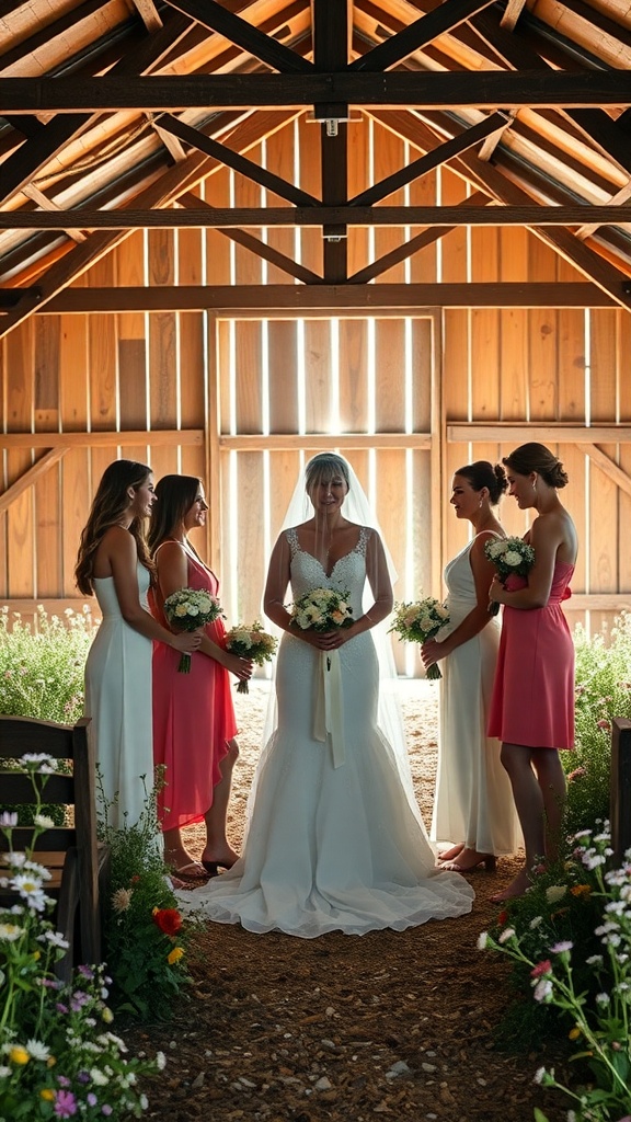 Bridal party in a rustic barn, featuring the bride in a white gown and bridesmaids in pink and white dresses.