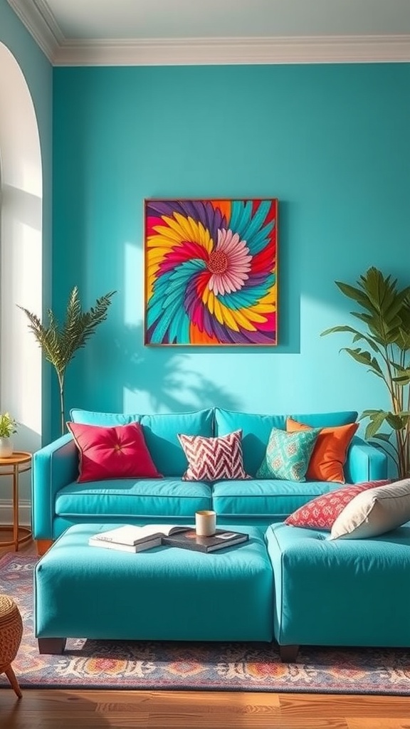 Bright living room featuring a turquoise sofa with colorful pillows and vibrant wall art.