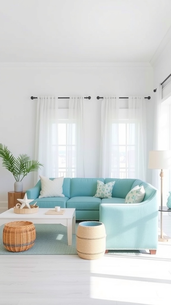 A bright and airy living room featuring an aqua sofa, light curtains, and natural decor elements.