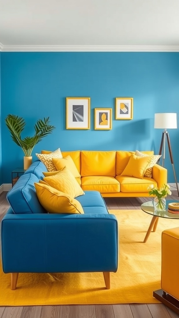 A bright living room featuring a blue sofa and yellow accents.