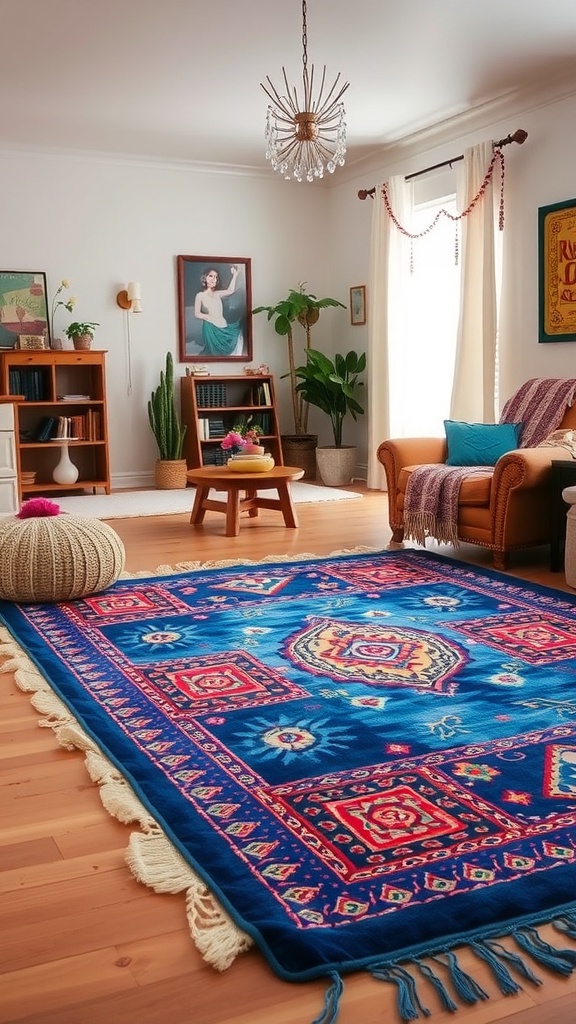 A vibrant blue rug with intricate patterns in a cozy living room setting.