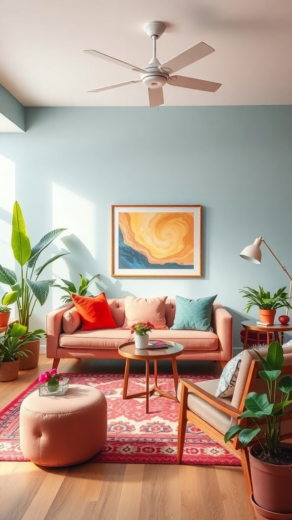 Cozy living room with bright colors and plants.