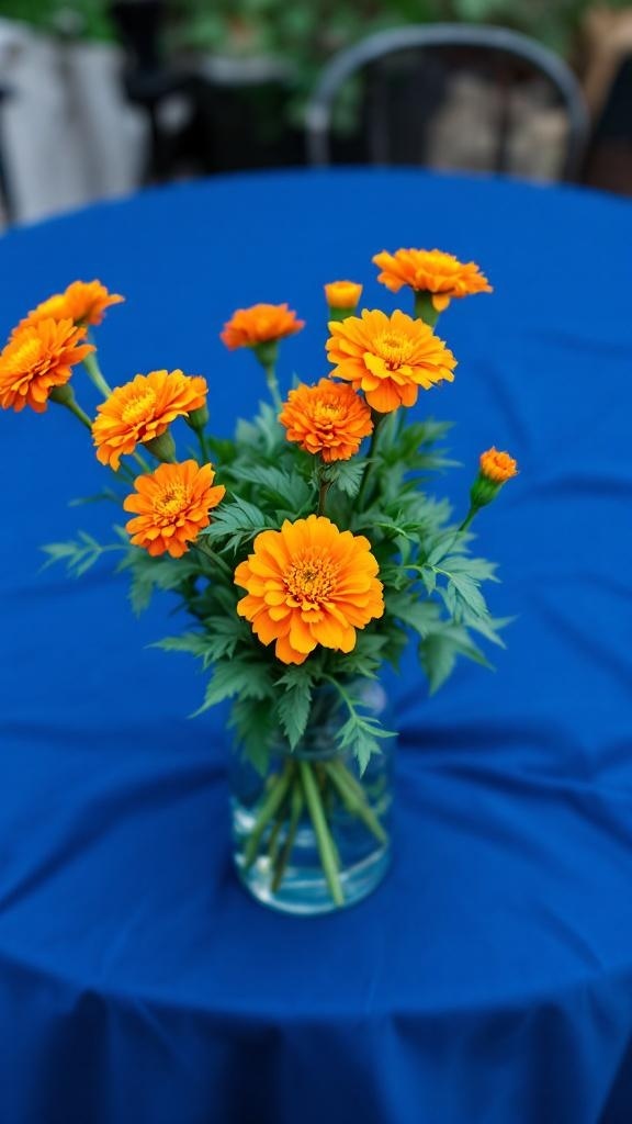 A vase filled with bright orange marigolds on a blue tablecloth.