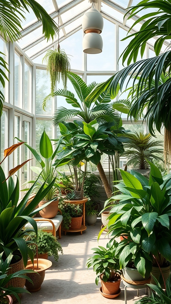Bright sunroom filled with various tropical plants and natural light.