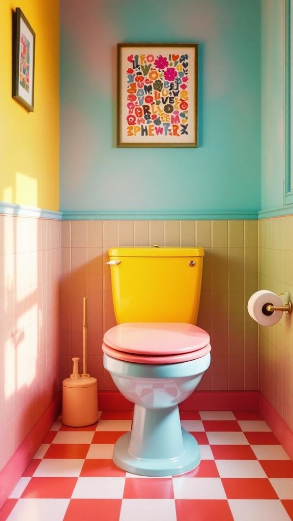 A brightly colored toilet in a retro bathroom setting with yellow and pink accents.
