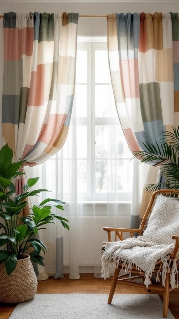 Colorful patch curtains hanging in a bright room with plants and a cozy chair.