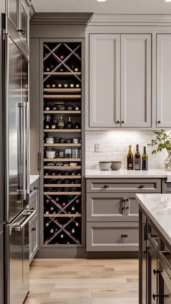 A modern kitchen featuring a built-in wine rack with various bottles of wine.